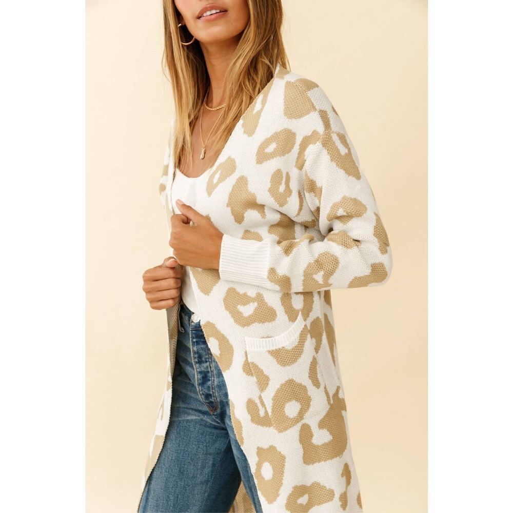 Vestidos Womens‎ Animal Print Open Front Pocket Long Line Cardigan Tan Medium - Picture 4 of 10